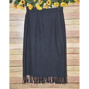 Chaus Vintage Grey Wool Wrap Pencil Skirt Fringe Detailing Size 10 Minimalist